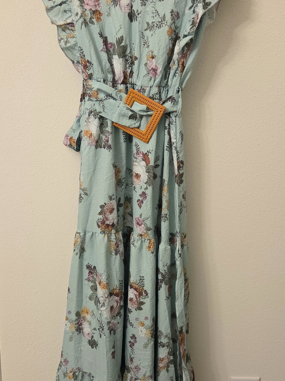 Mint Floral Maxi Dress with Belted Waist - Picture 2 of 3